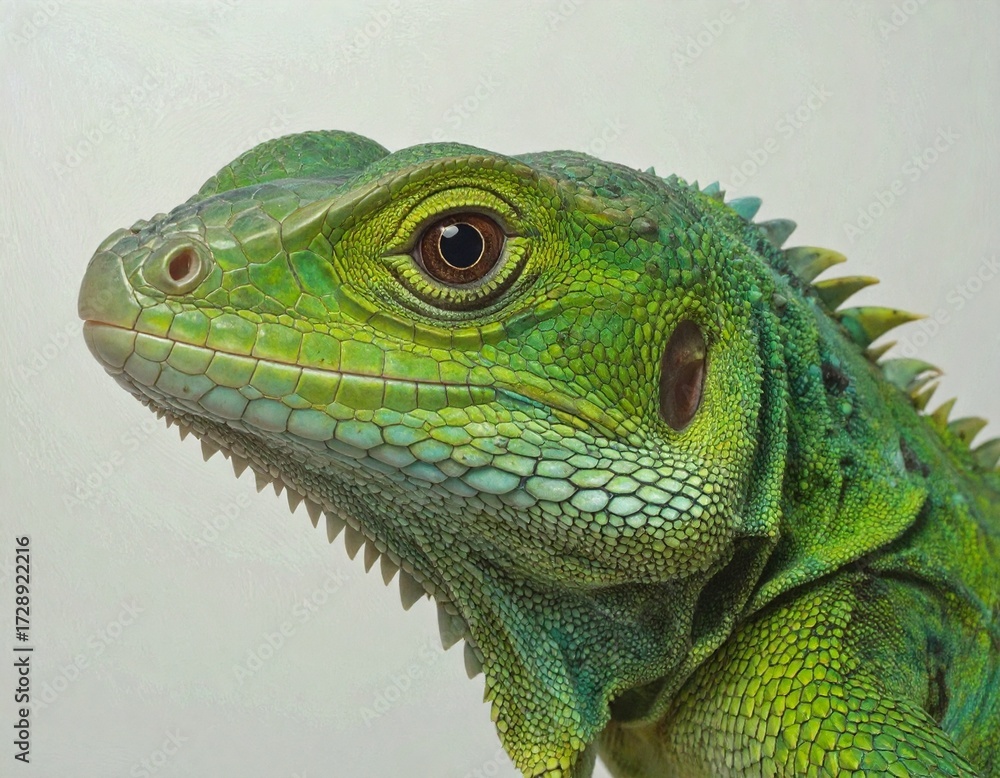 Fototapeta premium Lizard, reptile, green, animal, isolated, white background, nature, wildlife, exotic, tropical, small, vibrant, scaly, crawling, calm, detail, close-up, creature, vivid, exotic species, pet, wild, nat