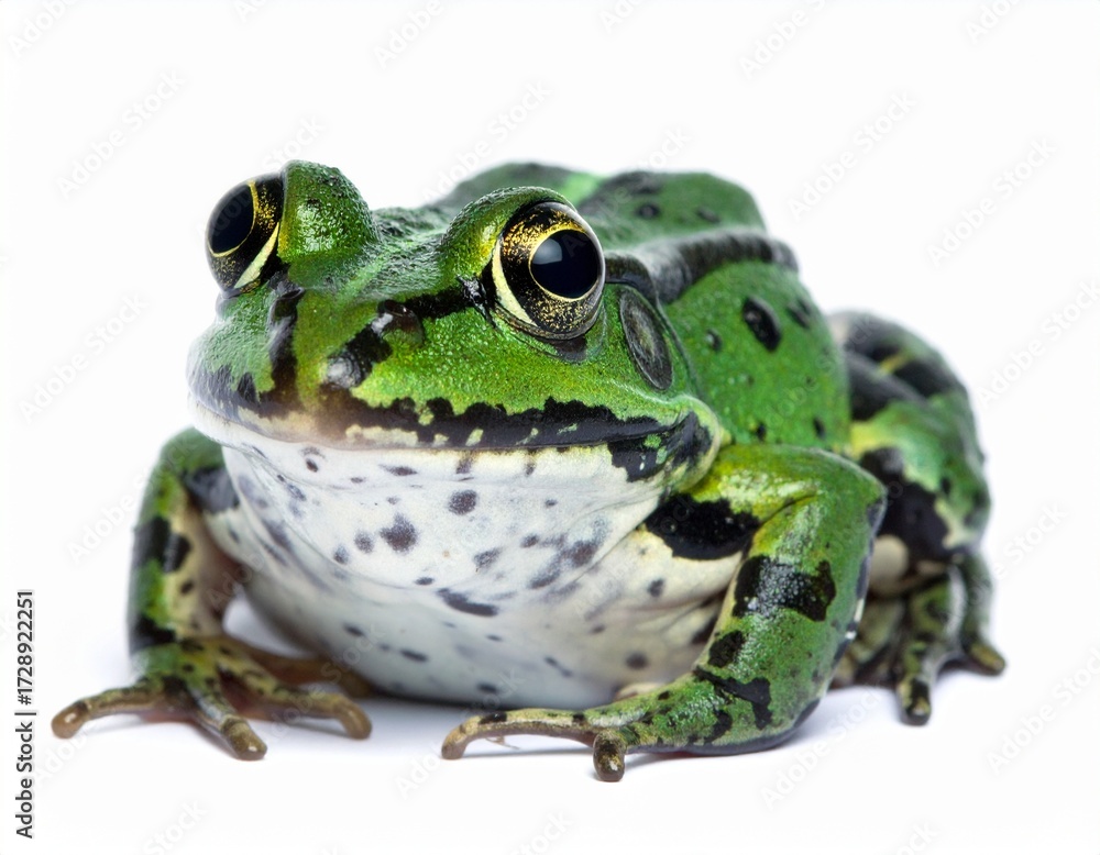 Fototapeta premium Frog, amphibian, animal, wildlife, nature, green, sitting, isolated, white background, close-up, small, cute, exotic, natural, creature, reptile-like, moist skin, wet, eyes, legs, habitat, forest, tro