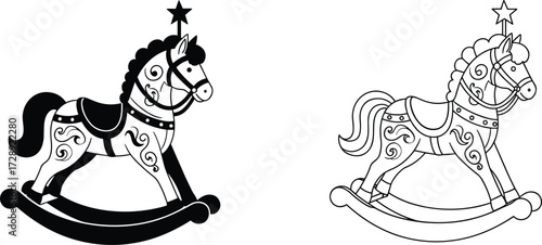 Rocking horse illustration, vintage toy design, ornate decoration, black and white art, children’s toy, outline version, classic style, playful decor