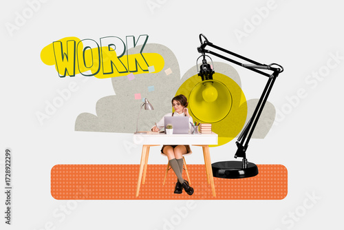 Art sketch 3d image full collage of happy businesswoman freelancer sit table sticker workload surf laptop workaholic manager