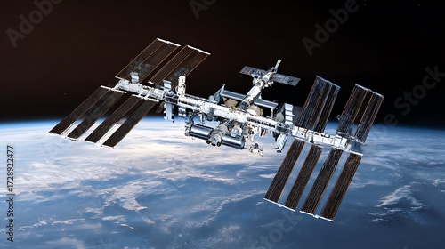 Fototapeta Naklejka Na Ścianę i Meble -  International space station flying over the earth in outer space orbit scene