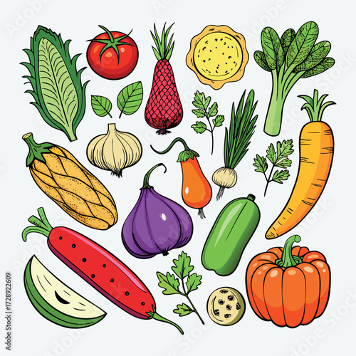 Colorful cartoon vegetables illustration, flat style, isolated on white background