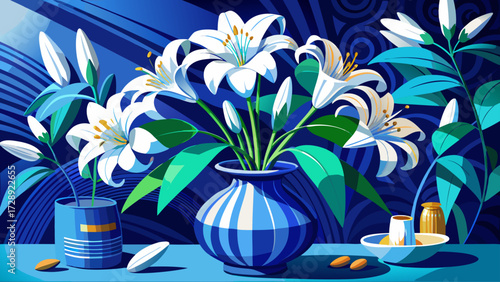 very beautiful Stylish still life of white lilies in a dark blue vase.