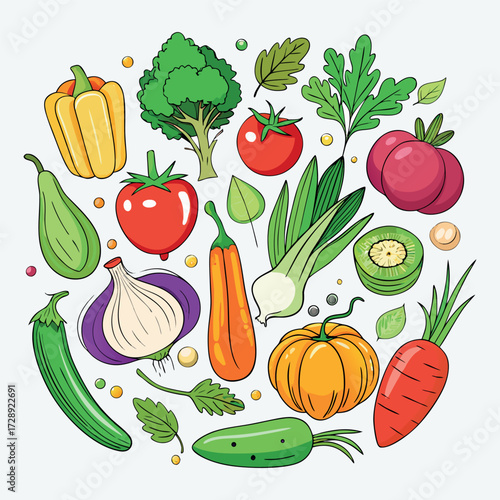 Colorful cartoon vegetables illustration, flat style, isolated on white background