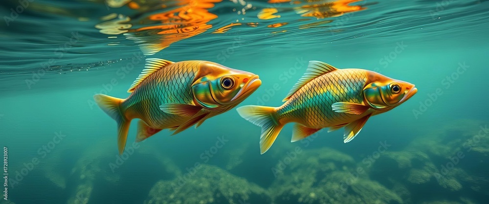 Fototapeta premium Two iridescent crucian carp swim in clear, sunlit water, peaceful, elegant