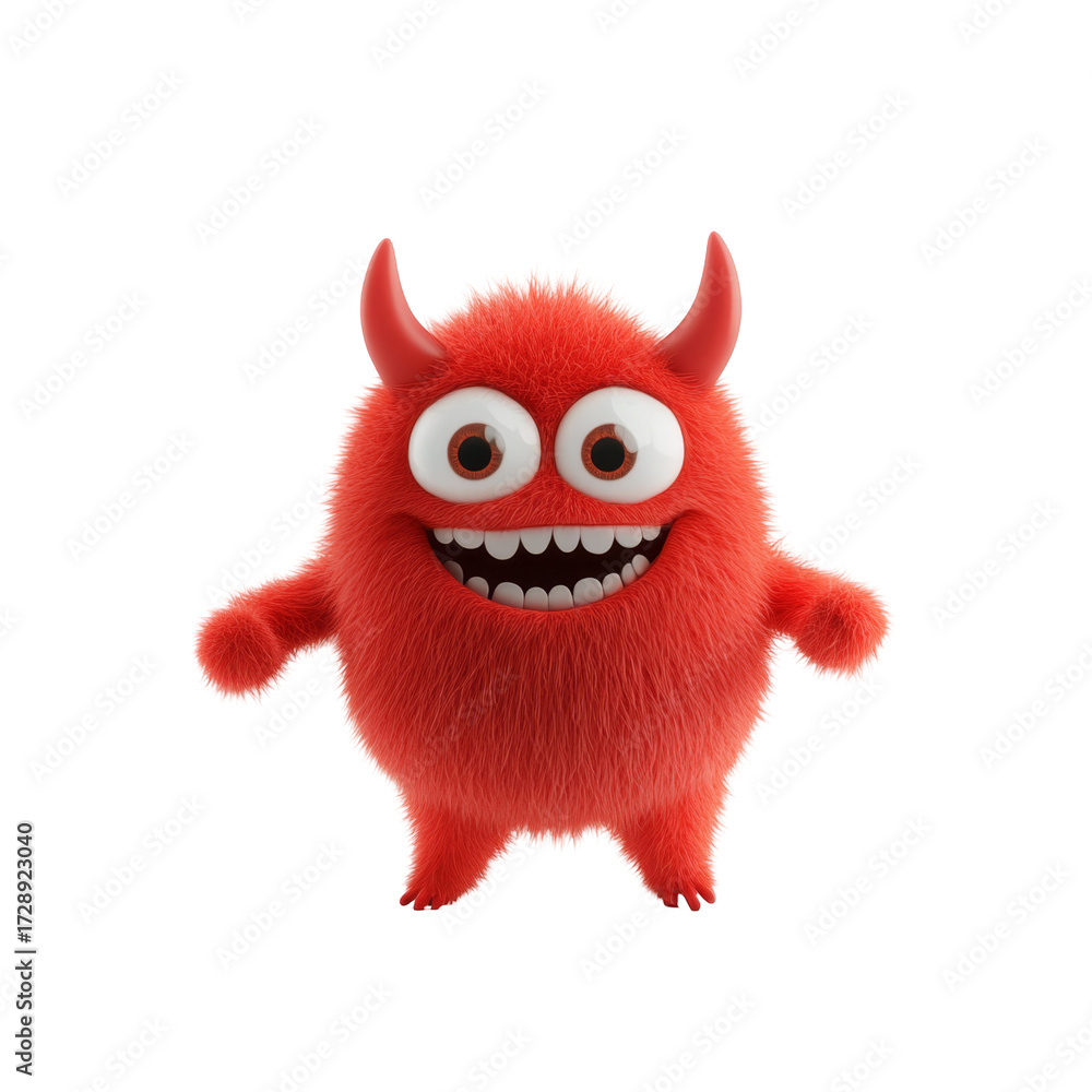 Fototapeta premium Furry red cartoon monster with horns and big eyes