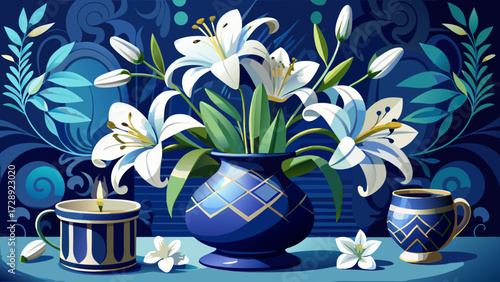 The stylish still life depicts white lilies in a dark blue vase, arranged gracefully with refined details, showcasing contrast, harmony, and artistic beauty in a soft, tranquil decorative scene.