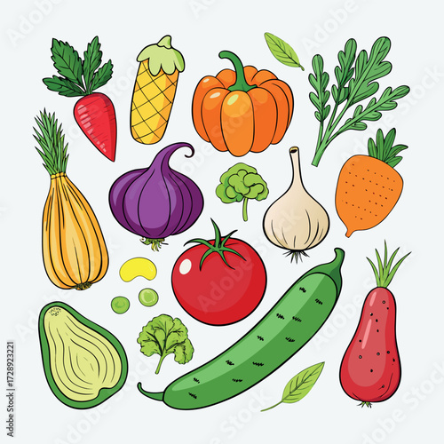 Colorful cartoon vegetables illustration, flat style, isolated on white background