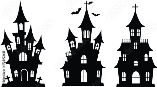 Set of haunted house silhouettes with bats, gravestones, spooky architecture, Halloween night scene, black vector illustration, eerie festive design elements