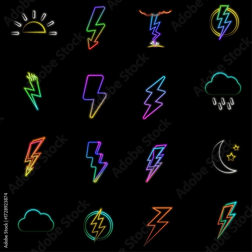 rays and waves. Charger icons. Lightning, electrical energy icon.neon style.