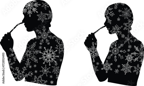 Silhouette art, snowflake pattern, creative thinking, winter concept, human profile, pencil pose, abstract design, seasonal graphic, introspective mood, black figure