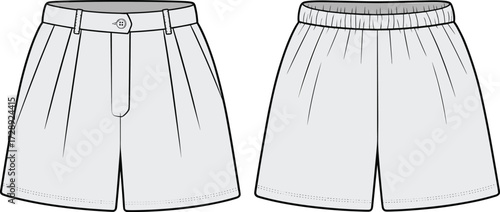 Kids pleated shorts flat sketch, vector cad template, front back view, button fly, elastic waistband, tailored children shorts