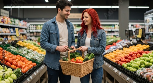 Happy Couple Shopping for Fresh Produce in a Bright Supermarket.