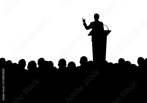 Silhouette of a speaker addressing an audience at a conference.