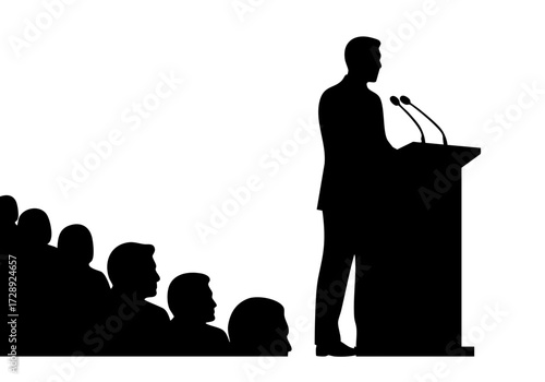A silhouette of a speaker giving a speech to an audience. 