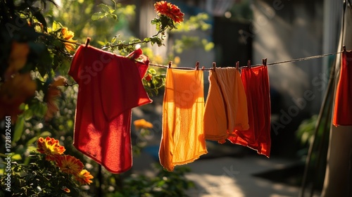 The view of clothes being dried is decorated with sunlight and clouds