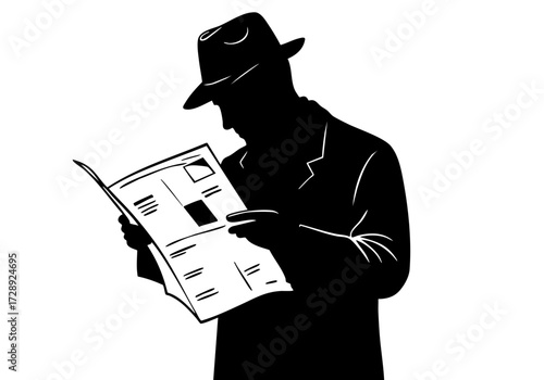 A silhouette of a person wearing a hat and reading a newspaper.