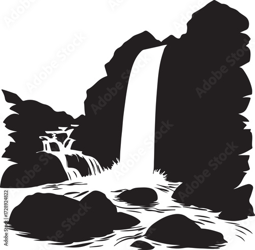 Waterfall flowing between rocks black clipart, flat vector silhouette