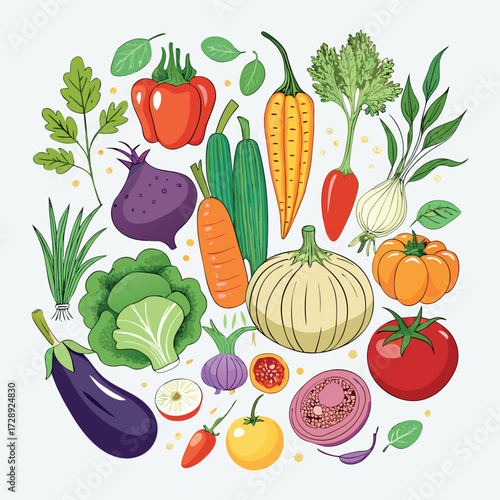 Colorful cartoon vegetables illustration, flat style, isolated on white background