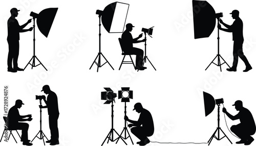 Studio lighting setup, photography silhouette, black vector, softbox adjustment, tripod gear, technical pose, creative workspace, behind-the-scenes, equipment icon, visual production