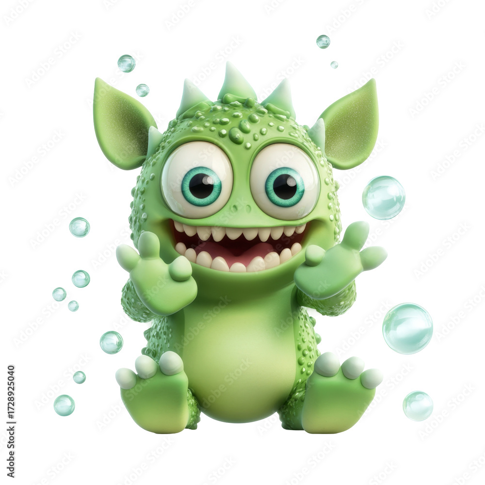 Fototapeta premium Cute green cartoon monster with spikes and bubbles