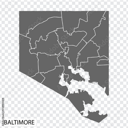 High Quality map Baltimore is a city  of United States, with borders of the districts. Map Baltimore of Maryland for your web site design, app, UI. EPS10.