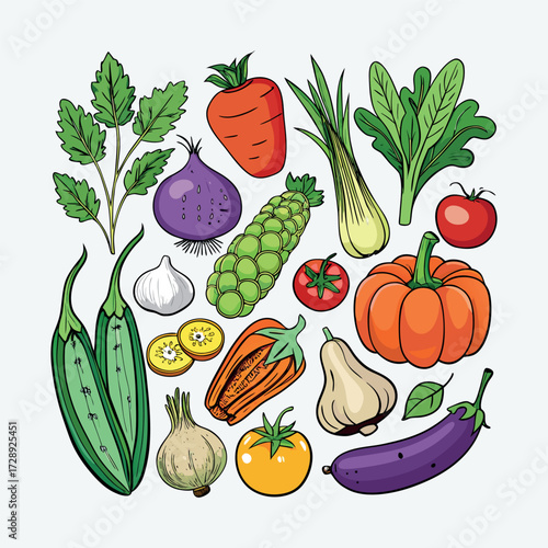 Colorful cartoon vegetables illustration, flat style, isolated on white background