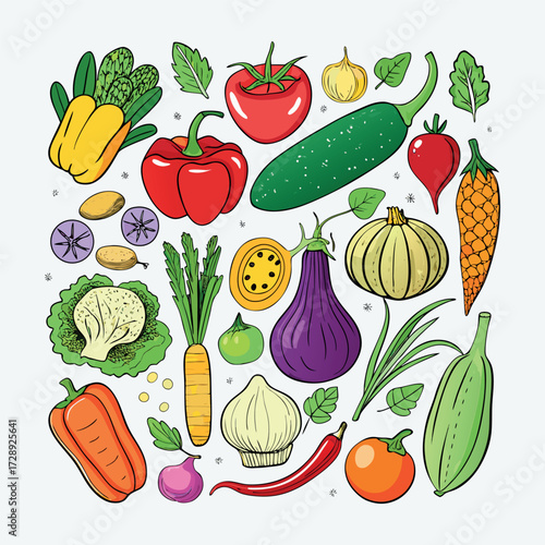 Colorful cartoon vegetables illustration, flat style, isolated on white background