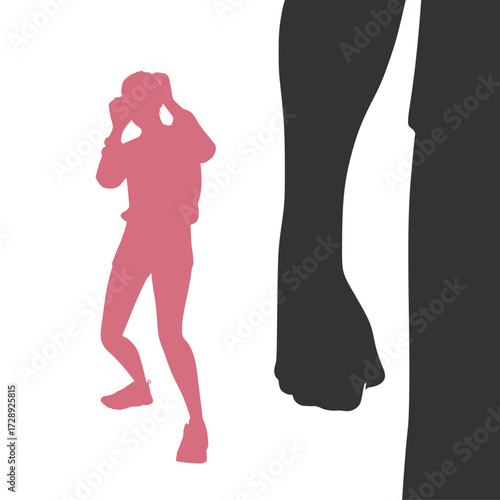Abused young woman trying to hide and defend herself. Stop violence against women. Family scandal, crisis, domestic violence and abuse. Man beating up his wife.
