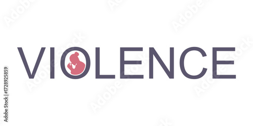 Violence word with portrait of abused young woman trying to hide and. Stop violence against women concept. Family scandal and domestic violence. Crying woman being harassed and bullied by her partner.