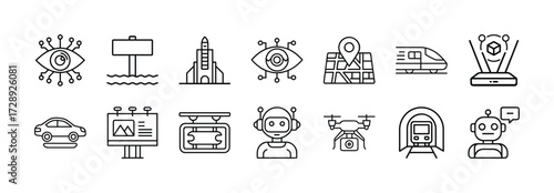 Vector art of modern technology and transportation icons including an eye, billboard, rocket, map, train, hologram, car, drone, and robot