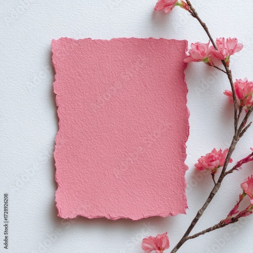 A blank, pink, textured paper card with a delicate, pink blossom branch on a white background