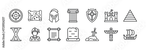 Vector art of collection of historical icons including a coin, map, helmet, column, shield, castle, pyramid, roman numeral, builder, scroll, tombstone, sword, totem pole, and ship