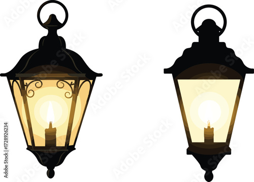 Vintage lantern illustration, candle light decor, ornate lamp design, traditional lighting, antique candle holder, warm glow, rustic ambiance, classic style