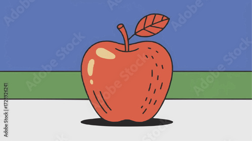 Red apple illustration with green leaf on abstract background  
