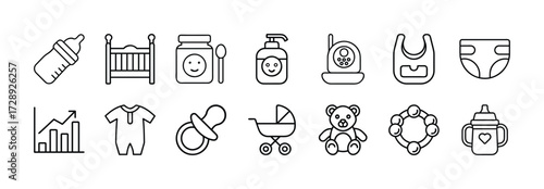 Vector art of collection of baby care and child development icons, including a crib, bottle, bib, diaper, baby food, romper, pacifier, stroller, teddy bear, and sippy cup