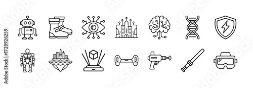 Vector art of futuristic technology icons, including robot, vr headset, dna, brain, spaceship, and laser sword