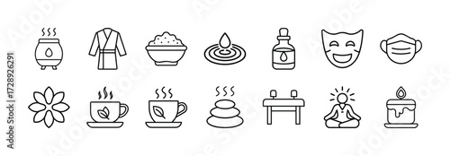 Vector art of collection of spa and wellness icons, including a diffuser, robe, tea cup, massage stones, and meditation pose