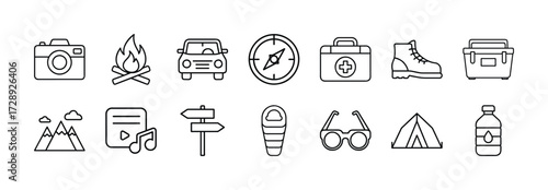 Camping and hiking essential icons set vector illustration outdoor adventure travel equipment outline 