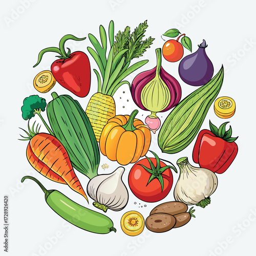 Colorful cartoon vegetables illustration, flat style, isolated on white background