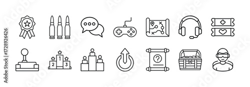 Vector art of collection of gaming icons including a medal, bullets, speech bubbles, joystick, controller, map, headphones, tickets, podium, refresh symbol, scroll, treasure chest, and vr headset
