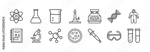 Vector art of collection of science and laboratory icons, including atom, flask, beaker, burner, petri dish, dna, hazmat suit, microscope, pipette, and test tubes