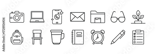 Office essentials vector icon set stationery camera laptop phone email folder glasses plant 