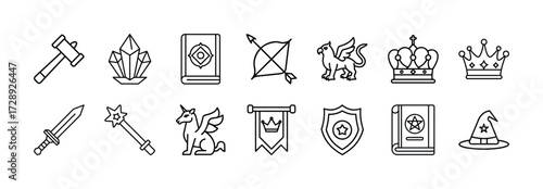 Vector art of collection of fantasy game icons, including a sword, shield, dragon, crown, magic book, and potion