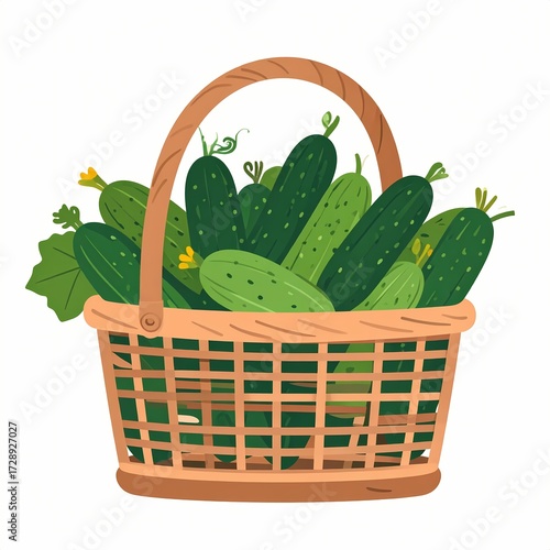 Freshly Picked Cucumbers in a Woven Basket.