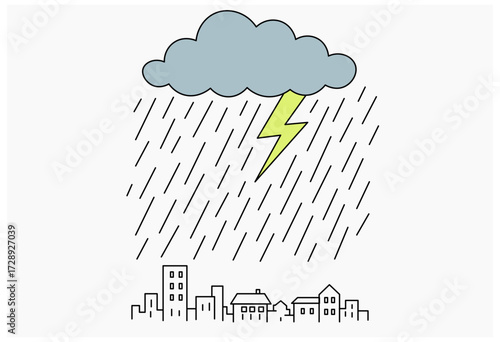 Thunderstorm over city heavy rain lightning cloud urban skyline weather disaster illustration