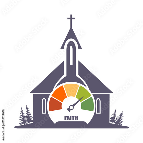 Religion concept. Scale meter with church building. Faith measuring.