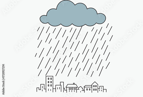 Thunderstorm over city heavy rain lightning cloud urban skyline weather disaster illustration