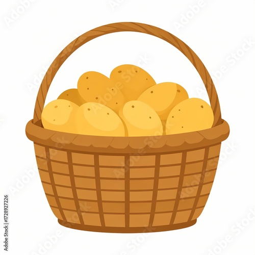 Wicker basket full of fresh yellow potatoes illustration.