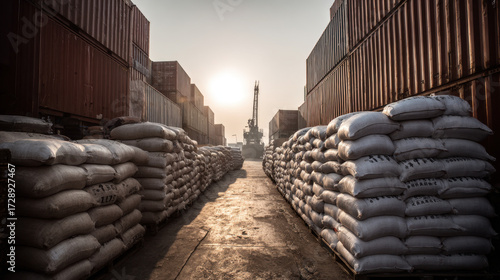Stacks of rice sacks and shipping containers at industrial port under warm sunrise light